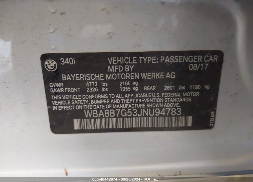 2018 BMW 340I XDRIVE VIN: WBA8B7G53JNU94783