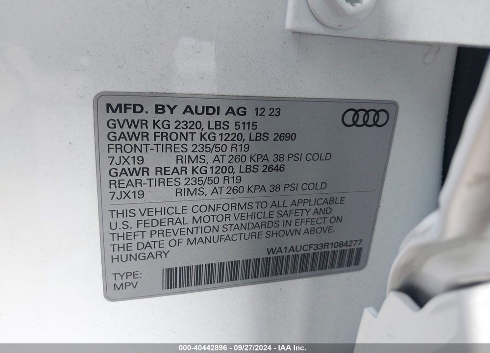 2024 AUDI Q3 PREMIUM 40 TFSI QUATTRO TIPTRONIC VIN: WA1AUCF33R1084277