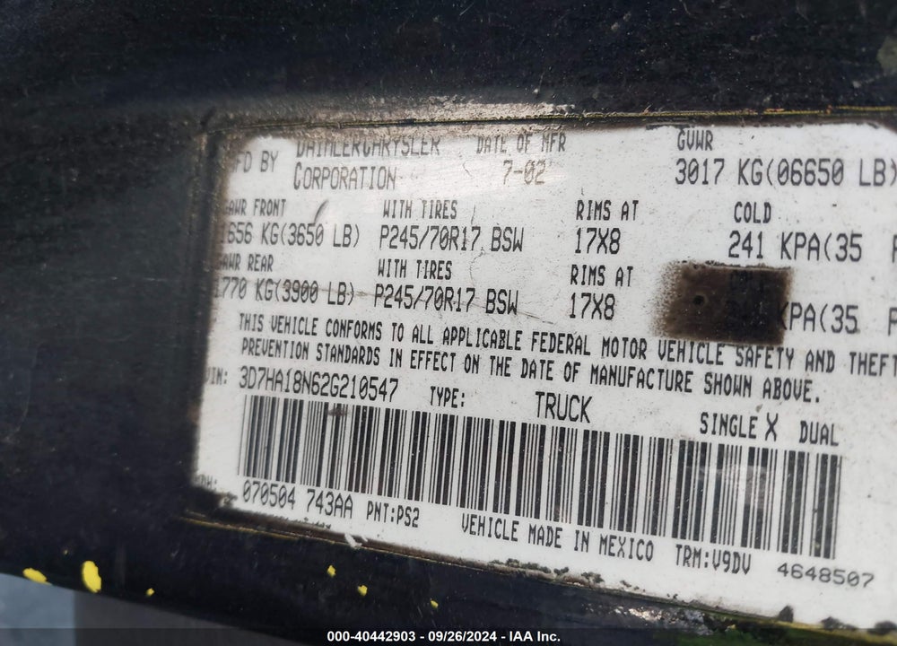 2002 DODGE RAM 1500 ST VIN: 3D7HA18N62G210547