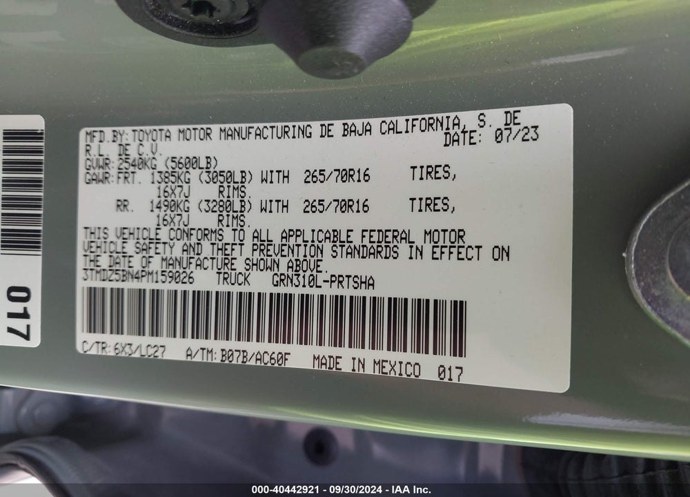 2023 TOYOTA TACOMA TRD OFF ROAD VIN: 3TMDZ5BN4PM159026