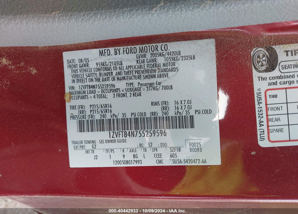 2005 FORD MUSTANG VIN: 1ZVFT84N755259596