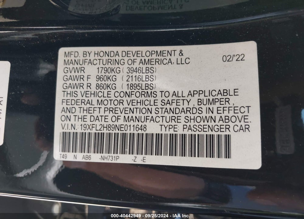 2022 HONDA CIVIC SPORT VIN: 19XFL2H89NE011648