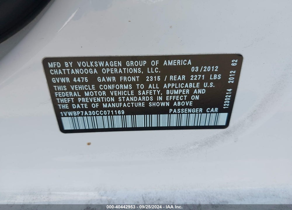 2012 VOLKSWAGEN PASSAT 2.5L SE VIN: 1VWBP7A30CC071169