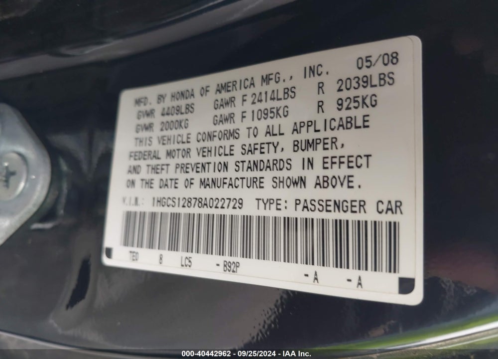 2008 HONDA ACCORD 2.4 EX-L VIN: 1HGCS12878A022729