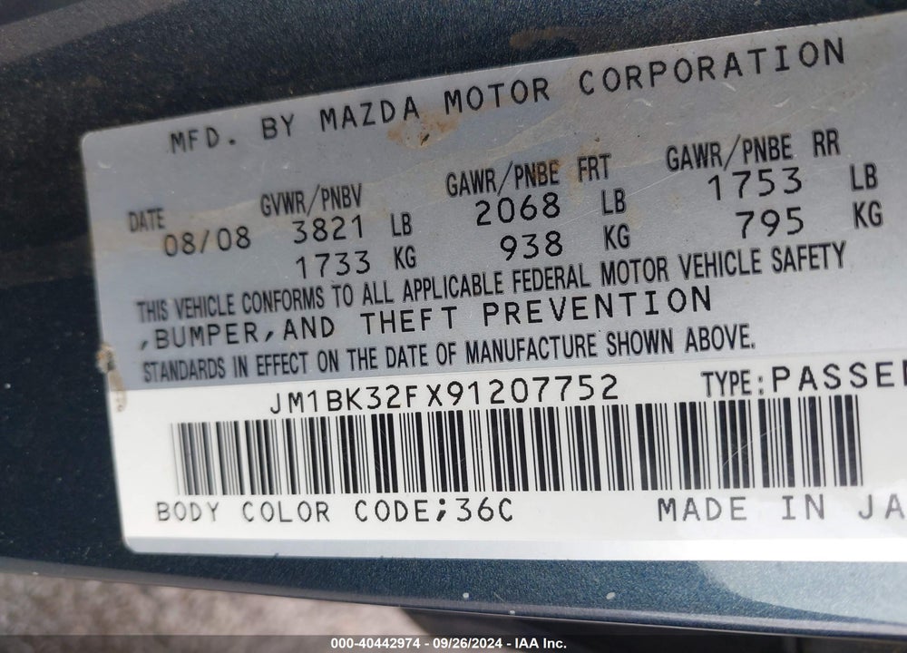 2009 MAZDA 3 I VIN: JM1BK32FX91207752
