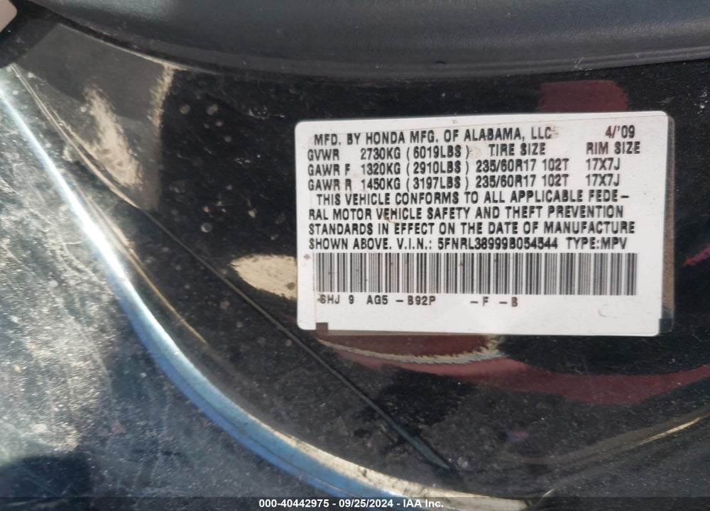 2009 HONDA ODYSSEY TOURING VIN: 5FNRL38999B054544