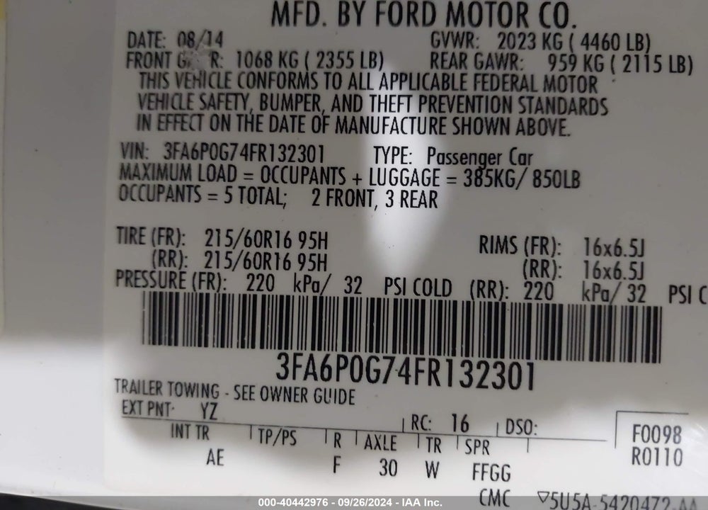2015 FORD FUSION S VIN: 3FA6P0G74FR132301
