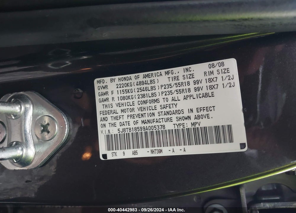 2009 ACURA RDX VIN: 5J8TB18599A005378