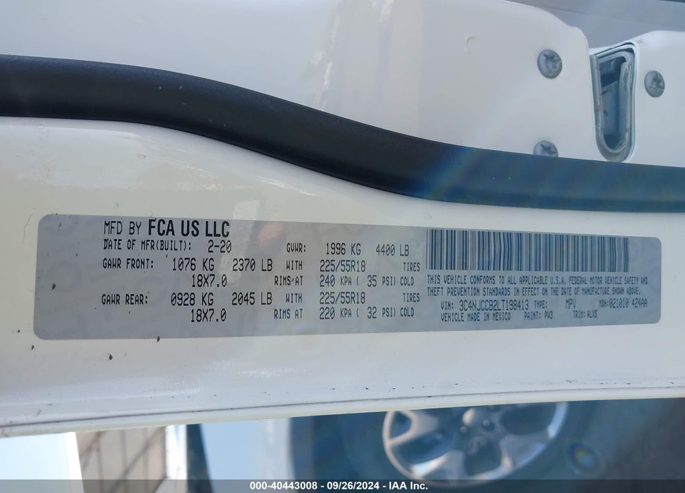2020 JEEP COMPASS VIN: 3C4NJCCB2LT198413