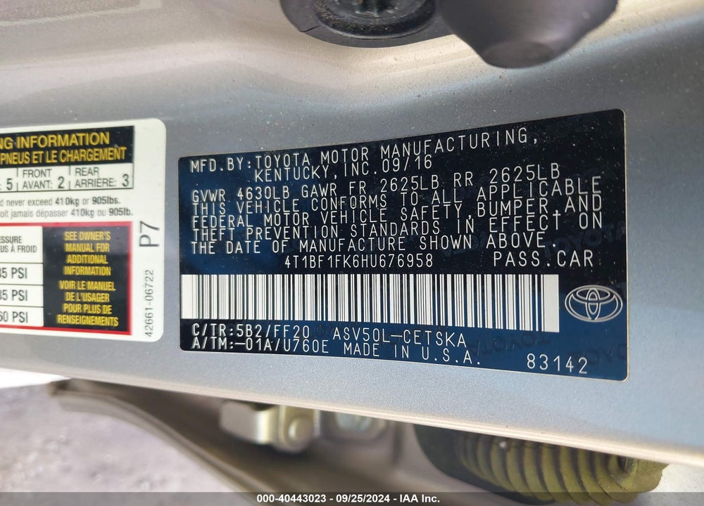 2017 TOYOTA CAMRY SE VIN: 4T1BF1FK6HU676958