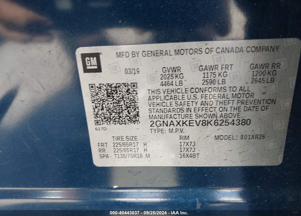 2019 CHEVROLET EQUINOX LT VIN: 2GNAXKEV8K6254380