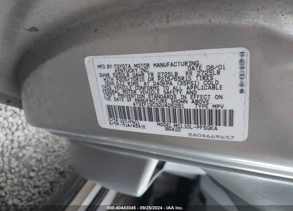 2002 TOYOTA SIENNA LE VIN: 4T3ZF13C32U426281