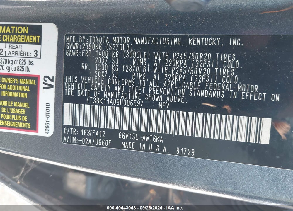 2009 TOYOTA VENZA BASE V6 VIN: 4T3BK11A09U006597