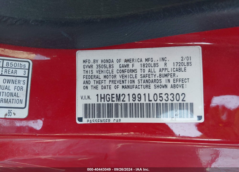 2001 HONDA CIVIC EX VIN: 1HGEM21991L053302