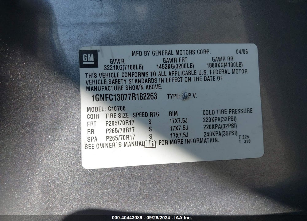 2007 CHEVROLET TAHOE LS VIN: 1GNFC13077R182263