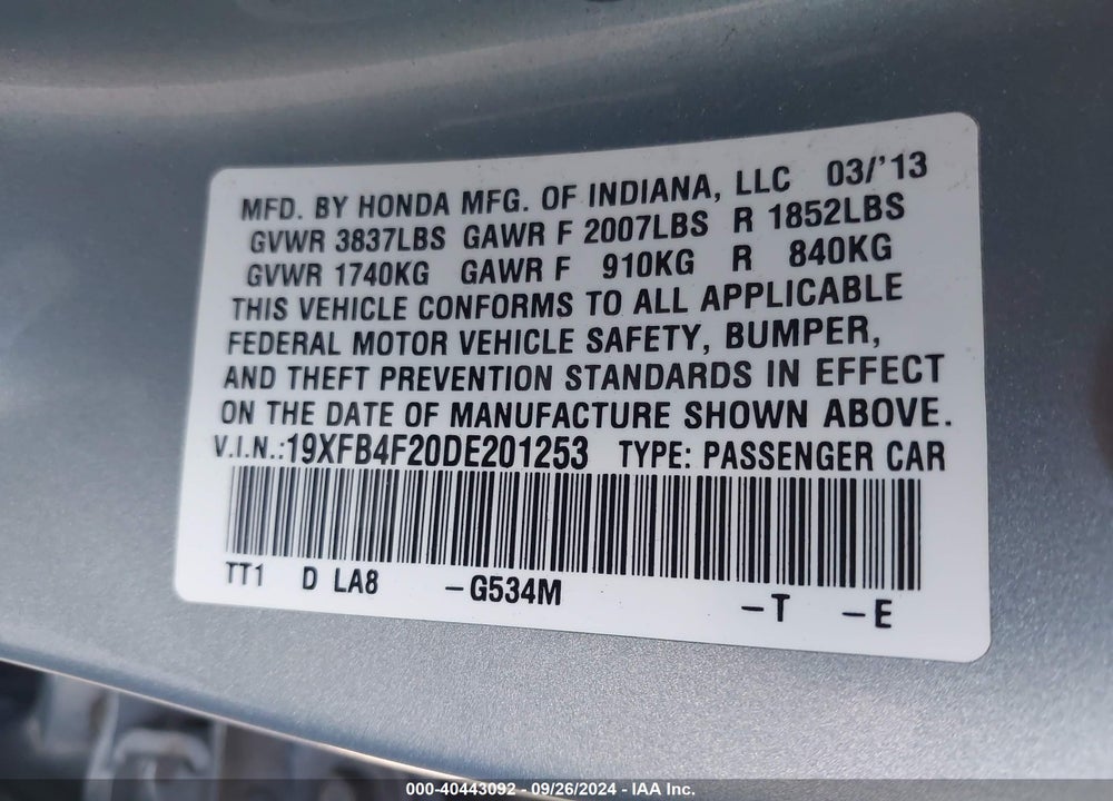 2013 HONDA CIVIC HYBRID VIN: 19XFB4F20DE201253
