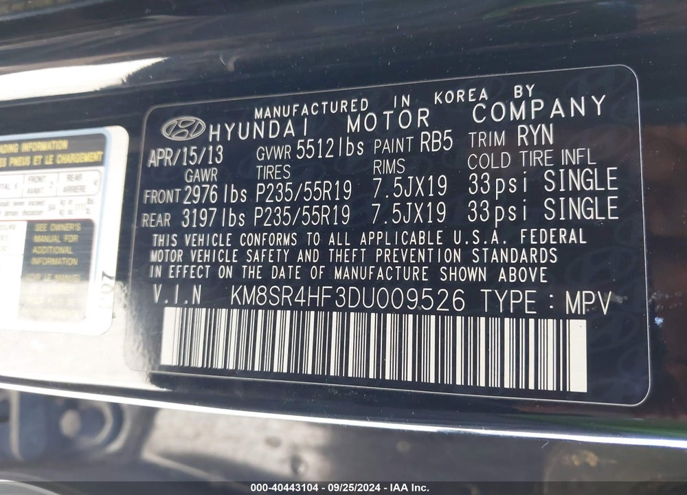 2013 HYUNDAI SANTA FE LIMITED VIN: KM8SR4HF3DU009526