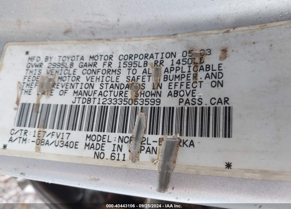 2003 TOYOTA ECHO VIN: JTDBT123335053599