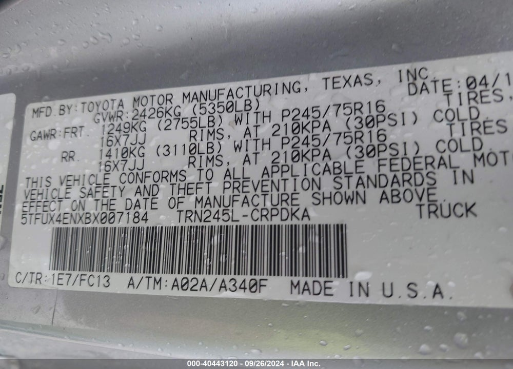 2011 TOYOTA TACOMA VIN: 5TFUX4ENXBX007184