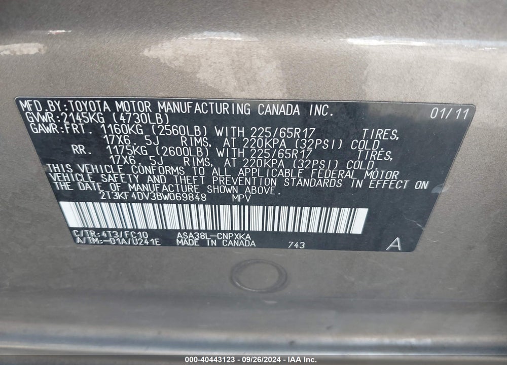 2011 TOYOTA RAV4 BASE (A4) VIN: 2T3KF4DV3BW069848