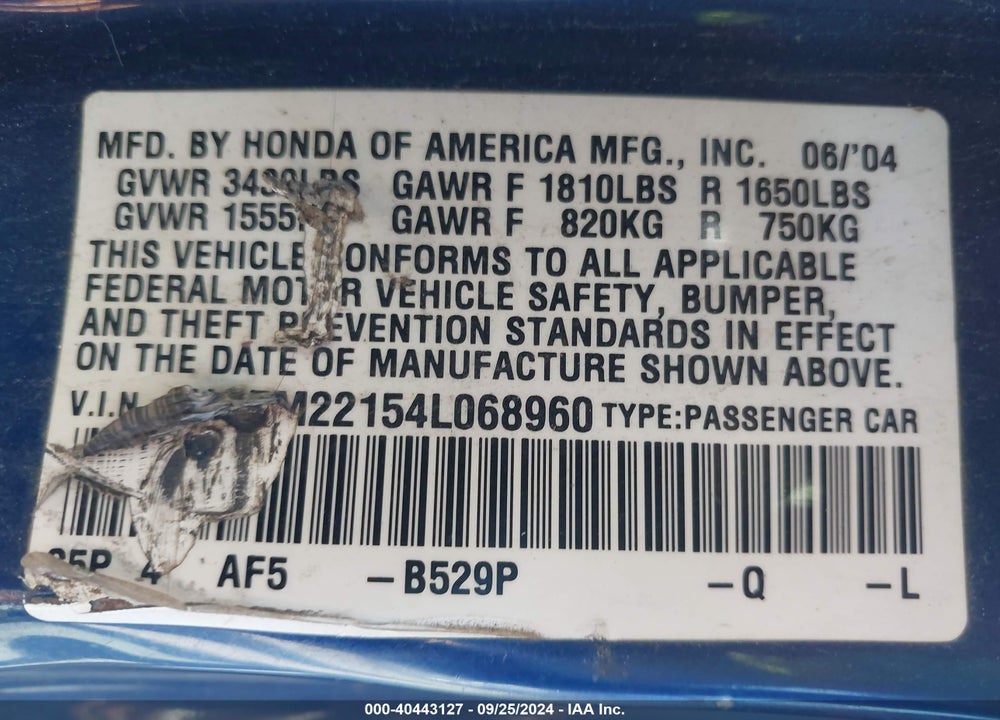 2004 HONDA CIVIC VP VIN: 1HGEM22154L068960