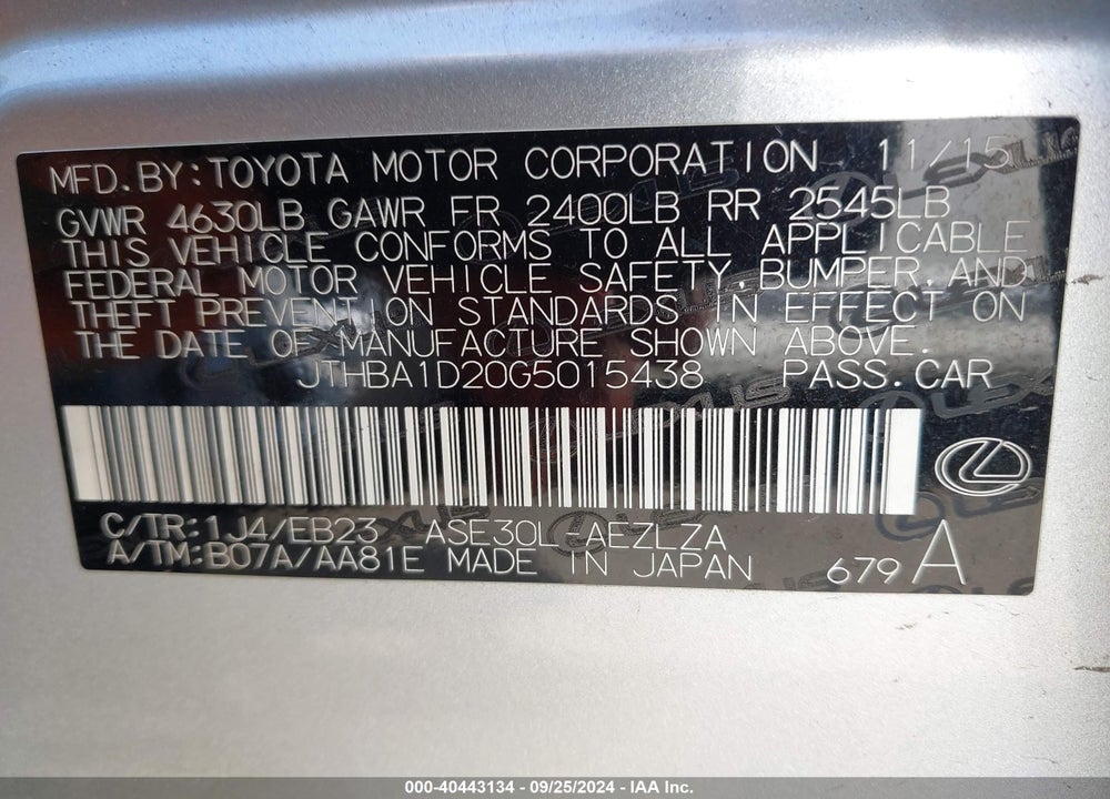 2016 LEXUS IS 200T VIN: JTHBA1D20G5015438