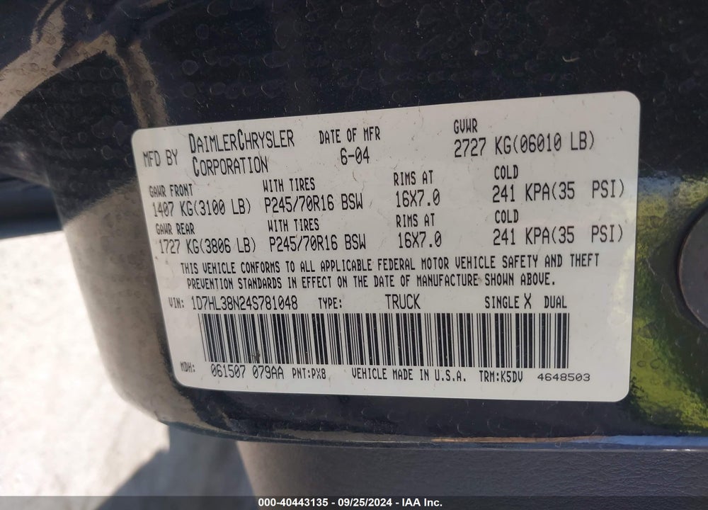 2004 DODGE DAKOTA SPORT/SXT VIN: 1D7HL38N24S781048