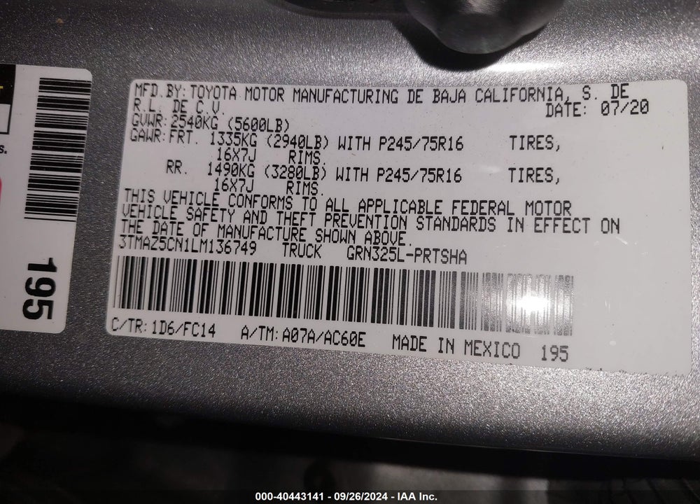 2020 TOYOTA TACOMA SR5 V6 VIN: 3TMAZ5CN1LM136749