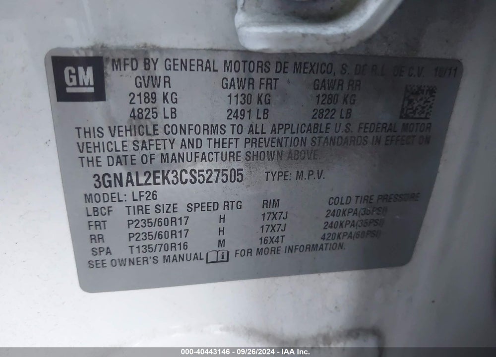 2012 CHEVROLET CAPTIVA SPORT 2LS VIN: 3GNAL2EK3CS527505