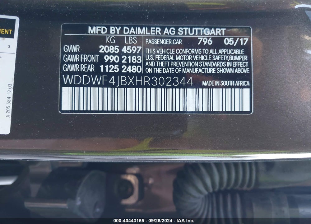 2017 MERCEDES-BENZ C 300 VIN: WDDWF4JBXHR302344