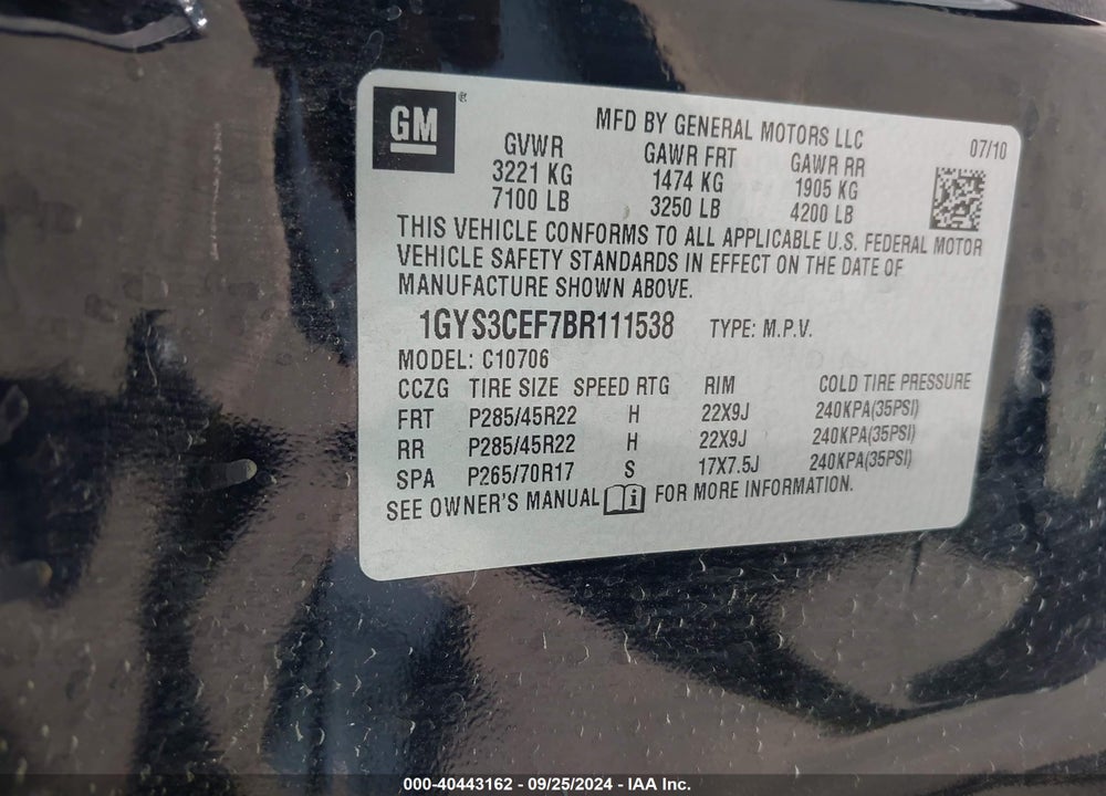2011 CADILLAC ESCALADE PREMIUM VIN: 1GYS3CEF7BR111538