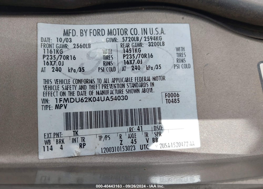 2004 FORD EXPLORER XLS VIN: 1FMDU62K04UA54030
