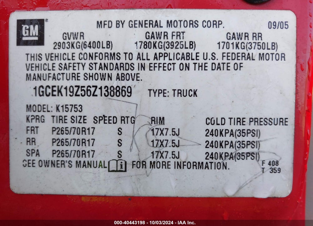 2006 CHEVROLET SILVERADO 1500 LT1 VIN: 1GCEK19Z56Z138869