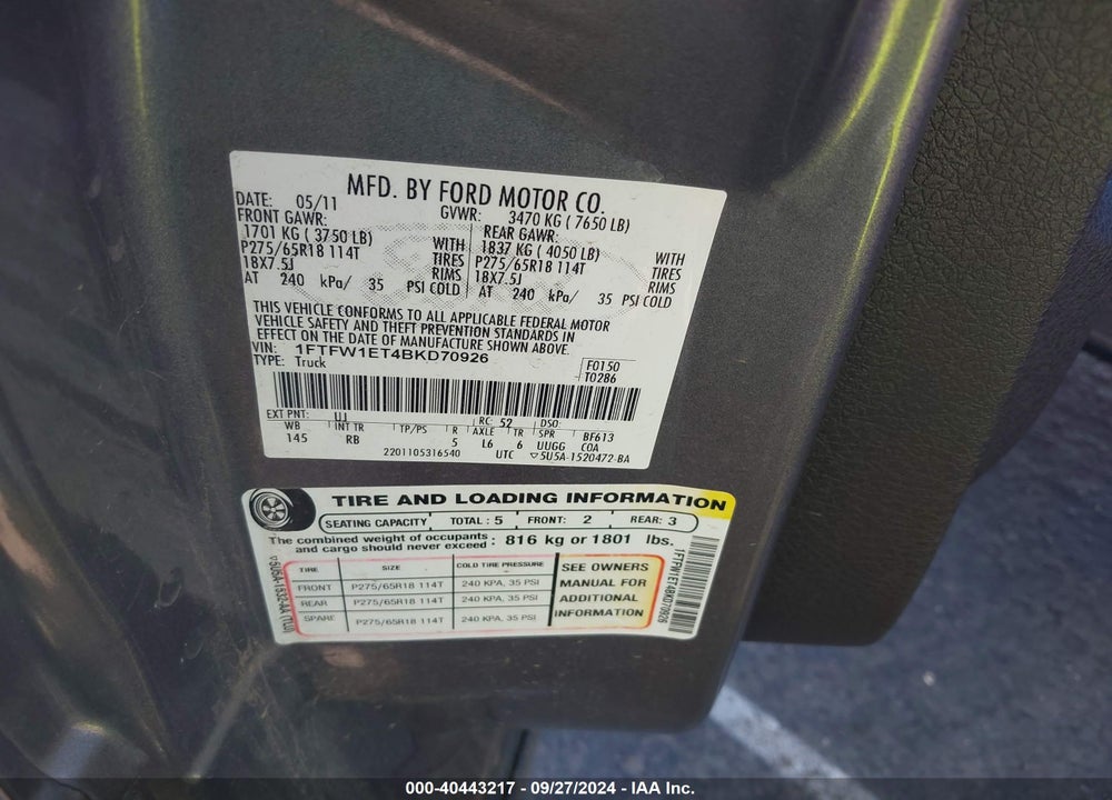 2011 FORD F-150 FX4 VIN: 1FTFW1ET4BKD70926