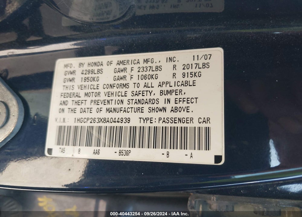 2008 HONDA ACCORD 2.4 LX VIN: 1HGCP263X8A044939