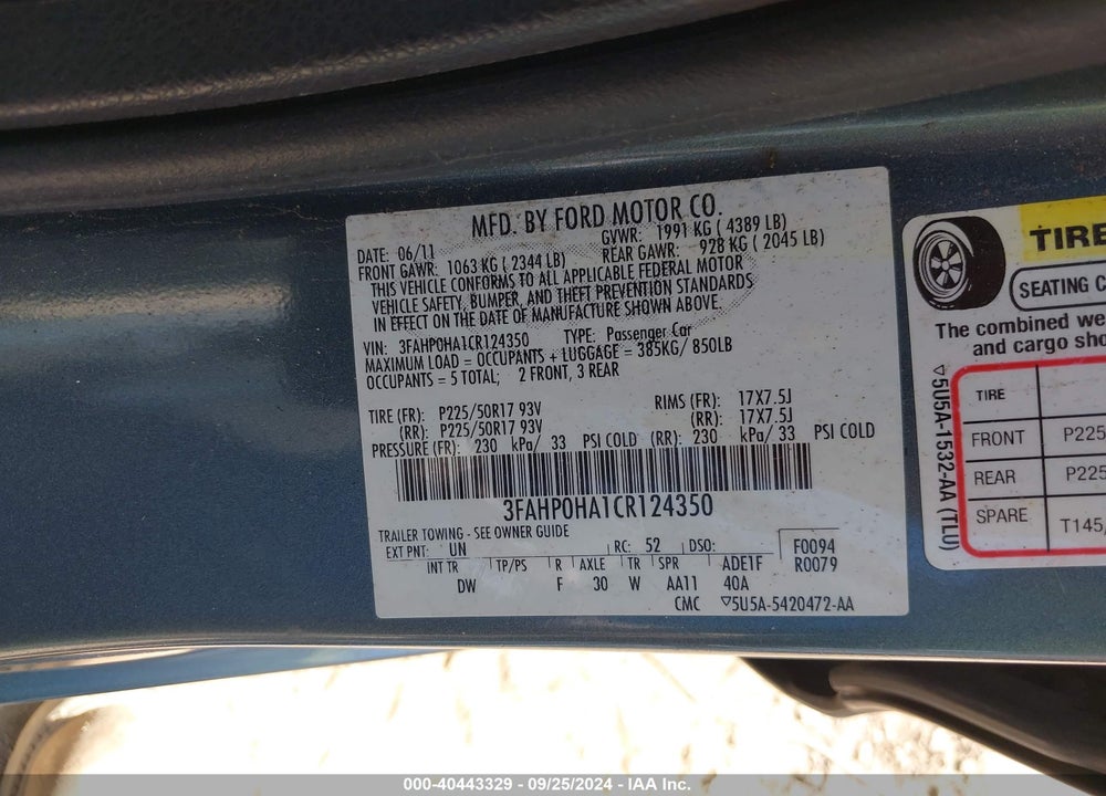 2012 FORD FUSION SE VIN: 3FAHP0HA1CR124350