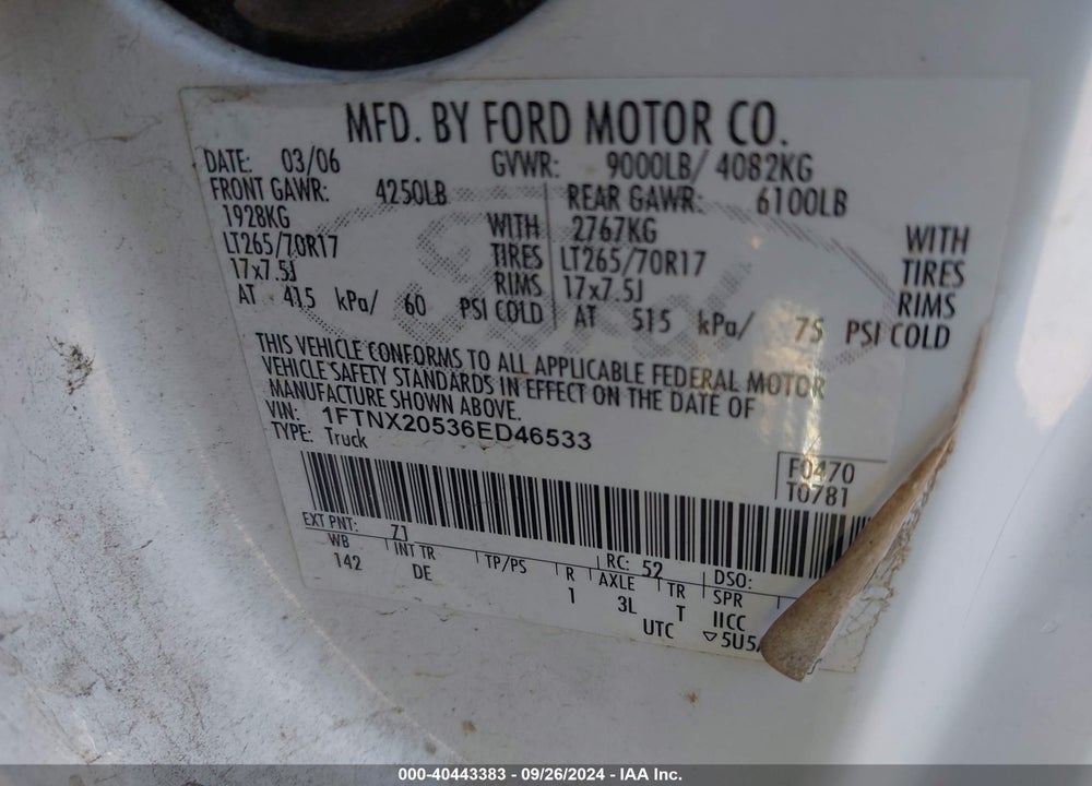 2006 FORD F-250 VIN: 1FTNX20536ED46533