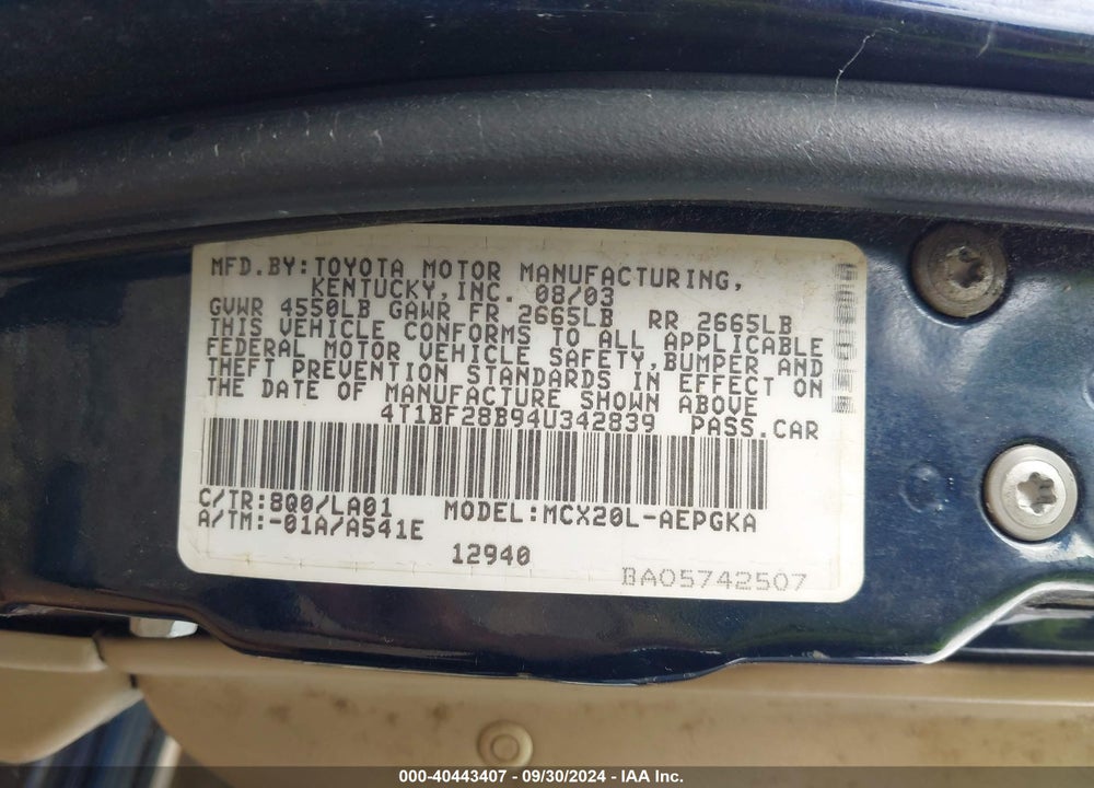 2004 TOYOTA AVALON XLS VIN: 4T1BF28B94U342839