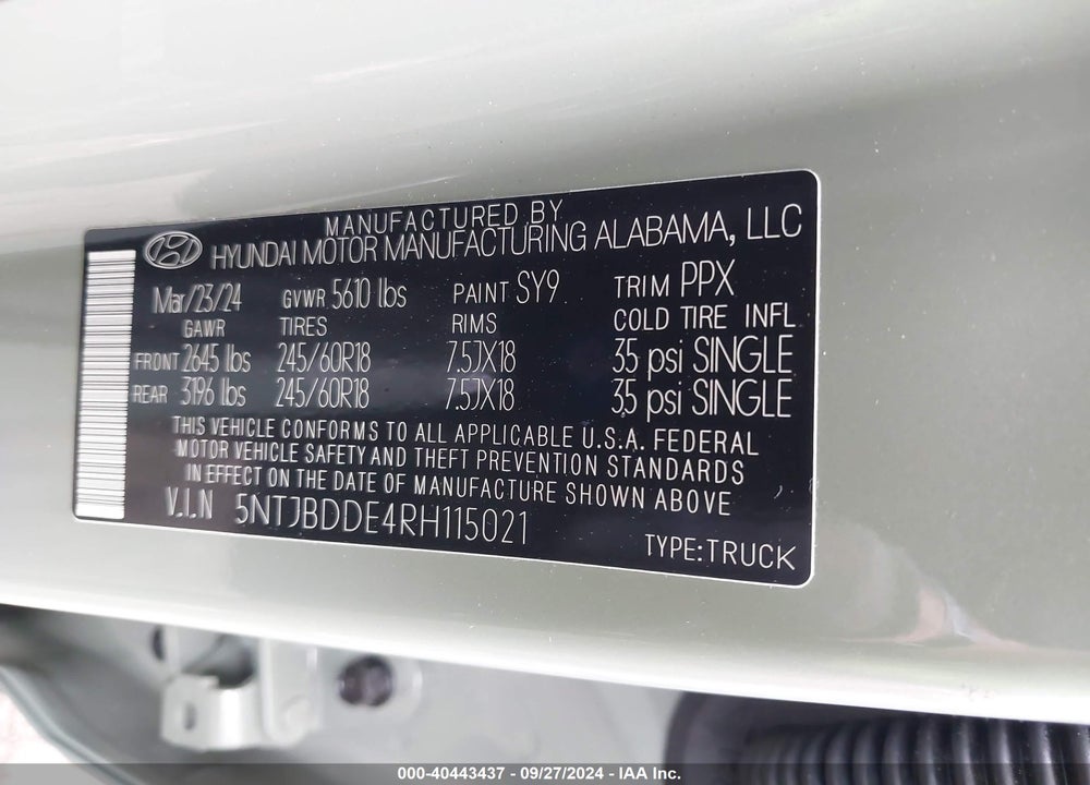 2024 HYUNDAI SANTA CRUZ SEL VIN: 5NTJBDDE4RH115021