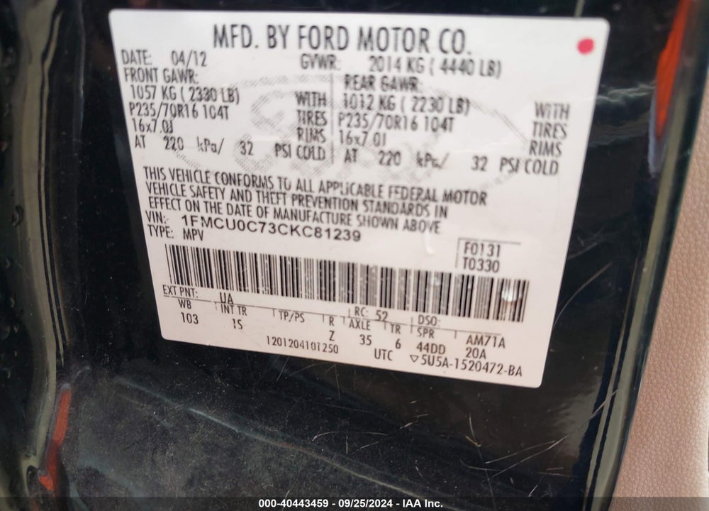 2012 FORD ESCAPE XLS VIN: 1FMCU0C73CKC81239