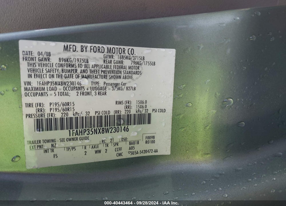 2008 FORD FOCUS SE/SES VIN: 1FAHP35NX8W230146