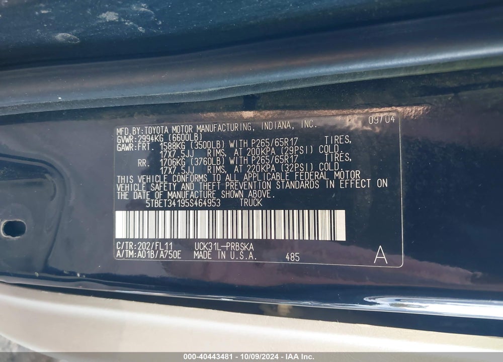 2005 TOYOTA TUNDRA SR5 V8 VIN: 5TBET34195S464953