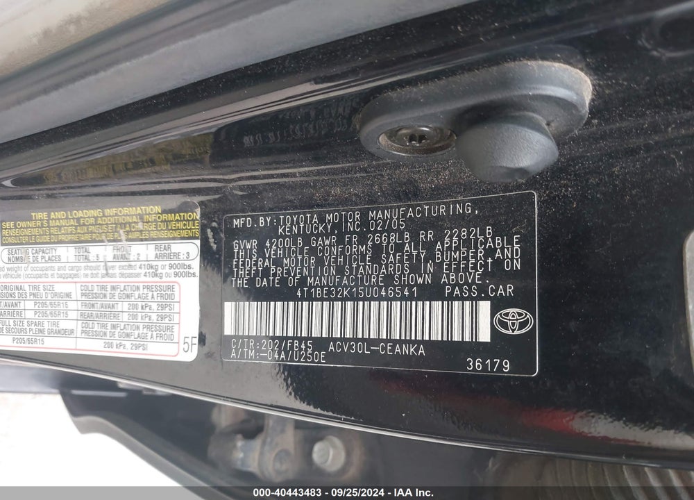 2005 TOYOTA CAMRY LE VIN: 4T1BE32K15U046541