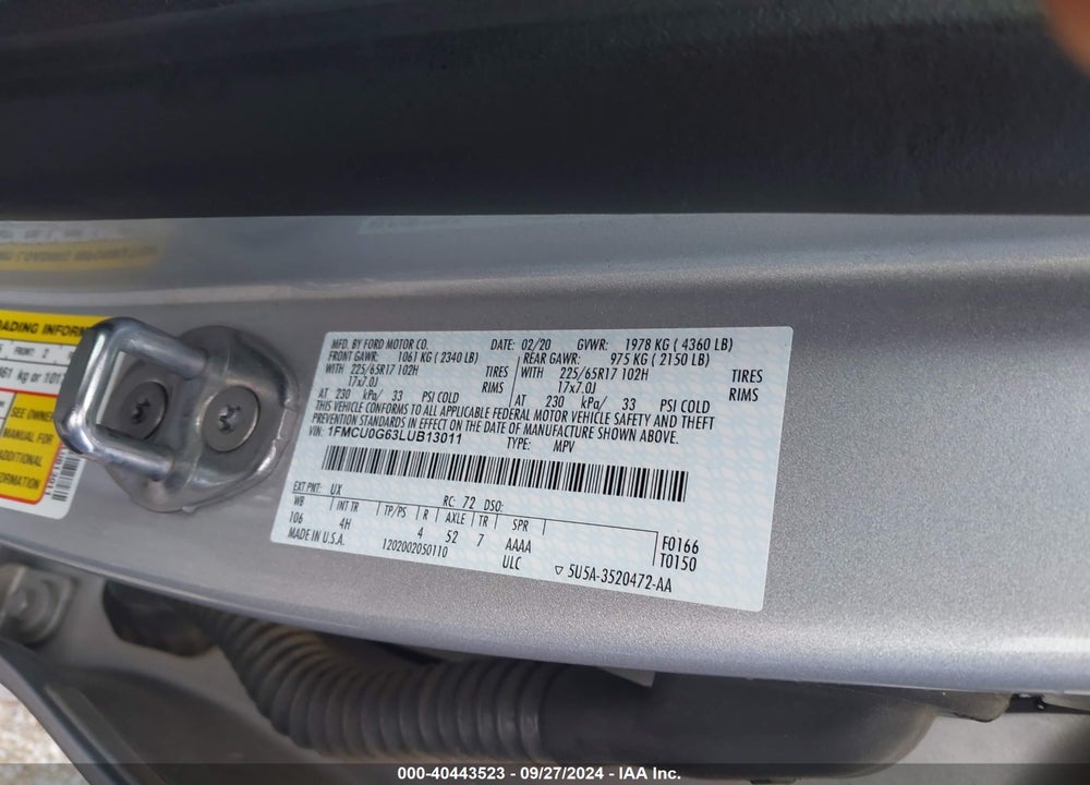 2020 FORD ESCAPE VIN: 1FMCU0G63LUB13011