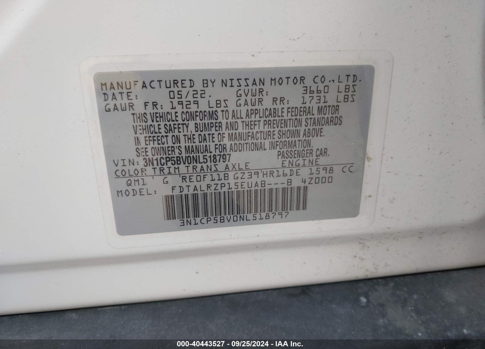 2022 NISSAN KICKS S XTRONIC CVT VIN: 3N1CP5BV0NL518797