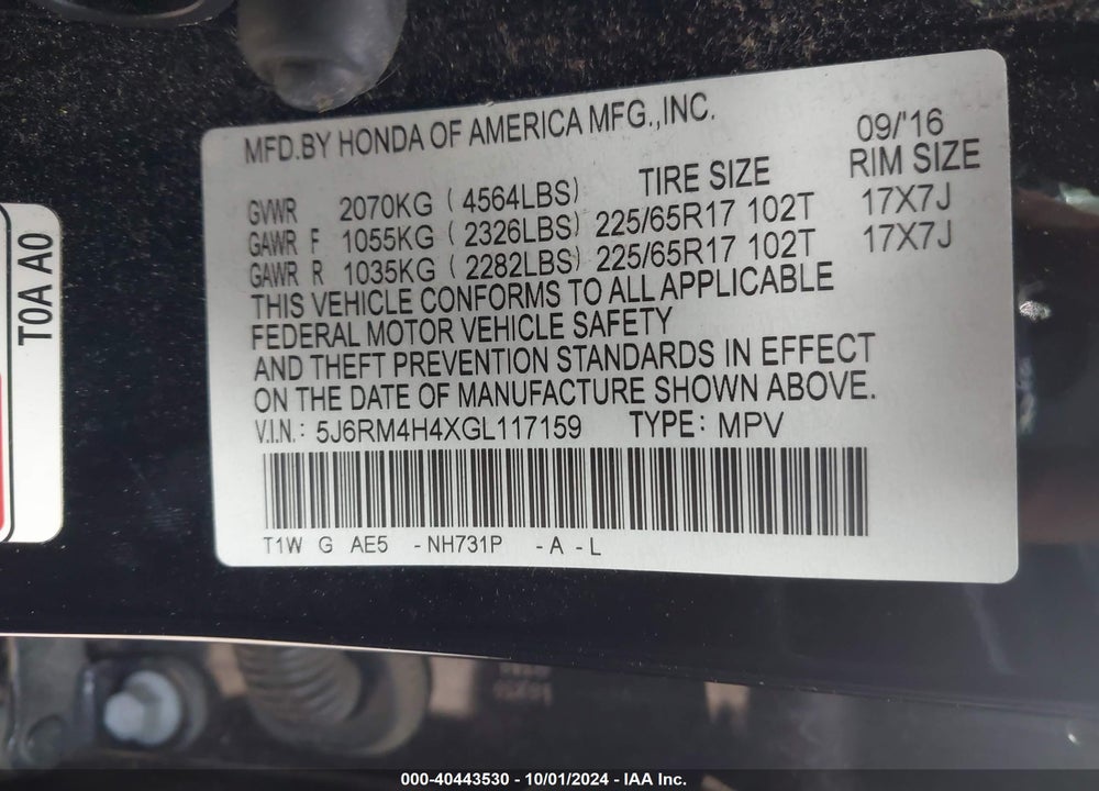 2016 HONDA CR-V SE VIN: 5J6RM4H4XGL117159