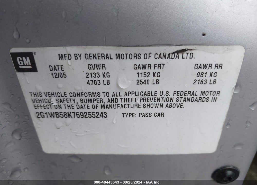 2006 CHEVROLET IMPALA LS VIN: 2G1WB58K769255243