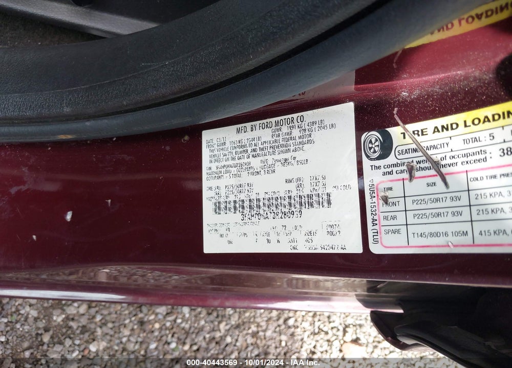 2011 FORD FUSION SE VIN: 3FAHP0HA7BR280939