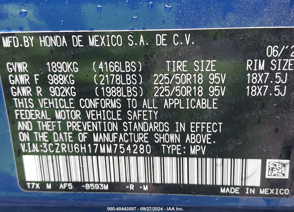 2021 HONDA HR-V AWD SPORT VIN: 3CZRU6H17MM754280