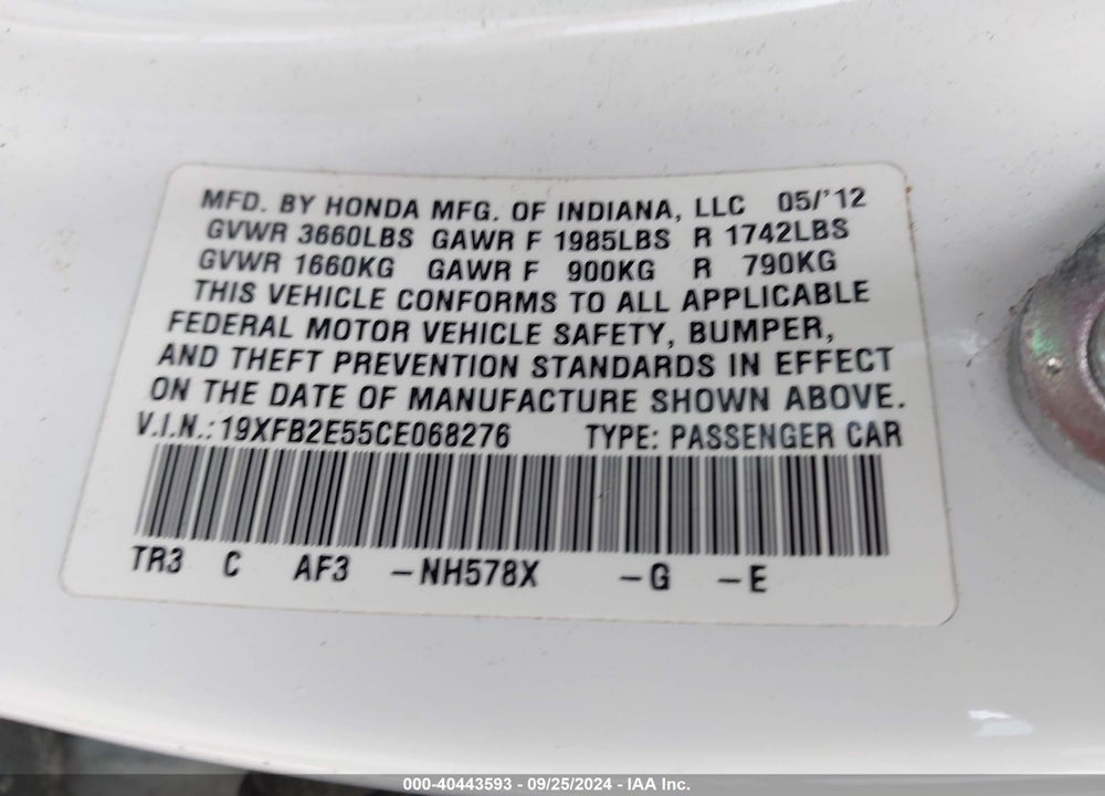 2012 HONDA CIVIC LX VIN: 19XFB2E55CE068276